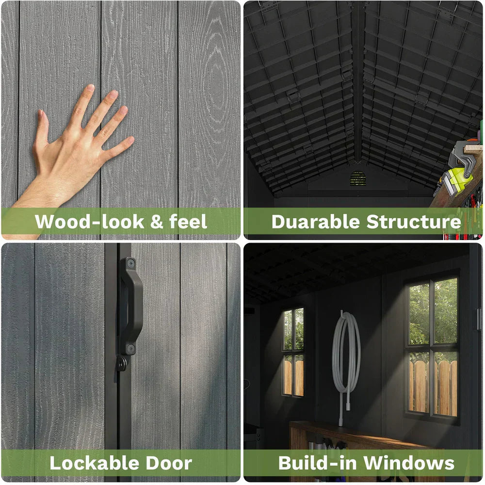 Pro Grade 8ft x 12ft Premium Plastic Double Door Garden Shed - Grey/Anthracite Wood Touch Texture